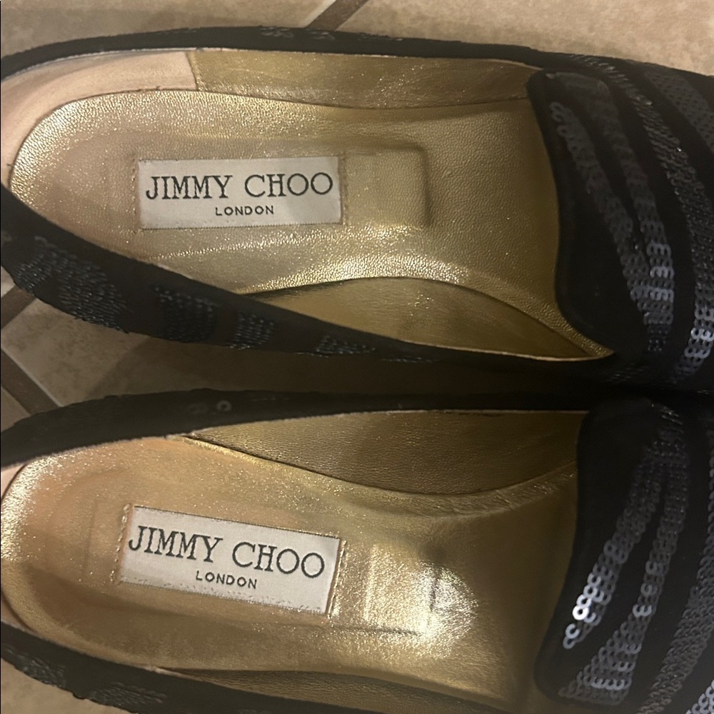Jimmy Choo 7.5 black velvet with navy sequins gold inside loafers - Picture 3 of 12